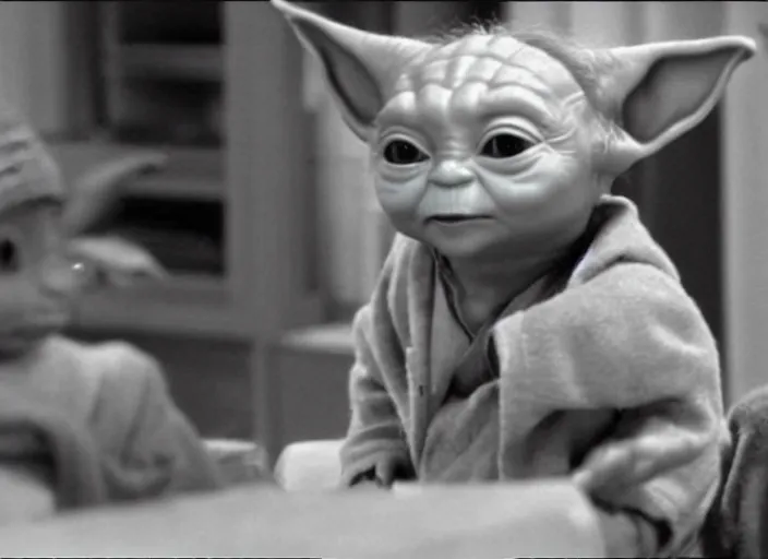 Prompt: a film still of a baby yoda ( in 1 9 3 5 old design ) in sitcom big bang theory ( 1 9 6 3 )