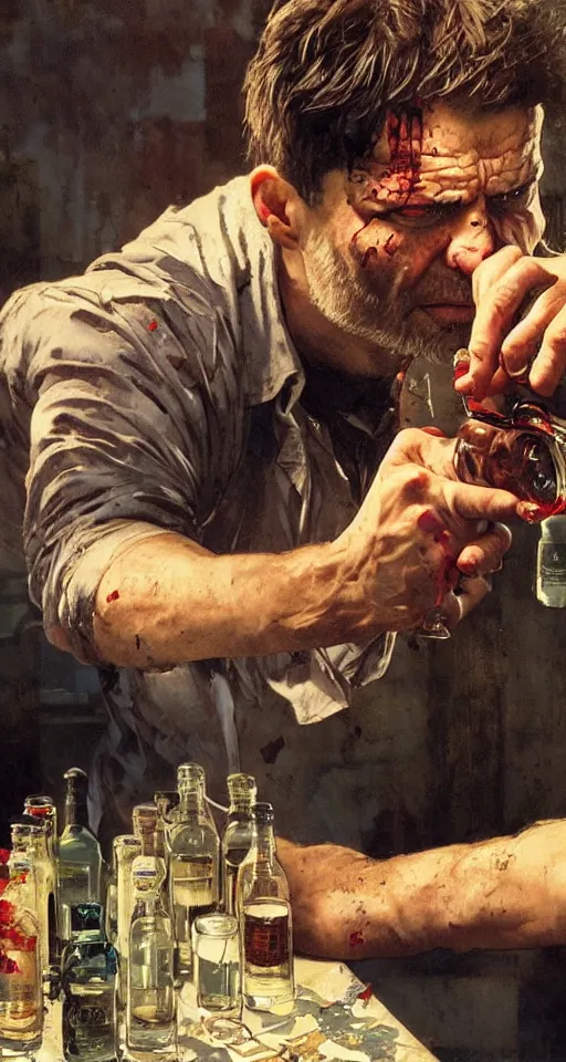 Image similar to close up of bloodied max payne pouring vodka, sun shining, photo realistic illustration by greg rutkowski, thomas kindkade, alphonse mucha, loish, norman rockwell.