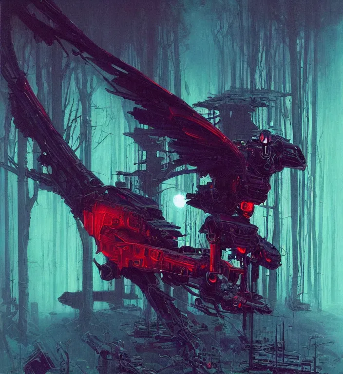 Prompt: metal robotic cyberpunk android raven bird in the deep glowing forest red and purple palette, volume light, fog, volume lights, by caspar david friedrich by ( h. r. giger ) and paul lehr