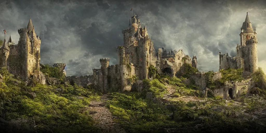 Image similar to matte painting, castle, dramatic landscape, overgrown