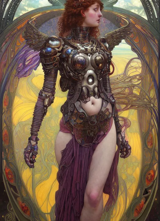 Prompt: hyper detailed masterpiece evil angel girl warrior by donato giancola and tom bagshaw, face by artgerm and edmund leighton, and alphonse mucha, trending on artstation, colorful, psychedelic aesthetic, ornate, background by gustav klimt, 8 k, biomechanical, majestic, volumetric lighting, porcelain skin, concept art, sharp focus