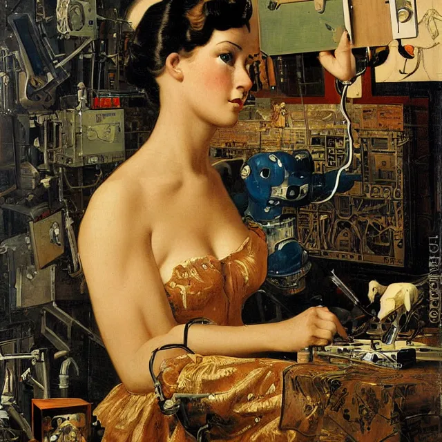 Image similar to robot artist painting a self - portrait on a canvas. intricate, highly detailed, digital matte painting, in the style of hans thoma, and in the style of gil elvgren. irony, recursion, inspiration.