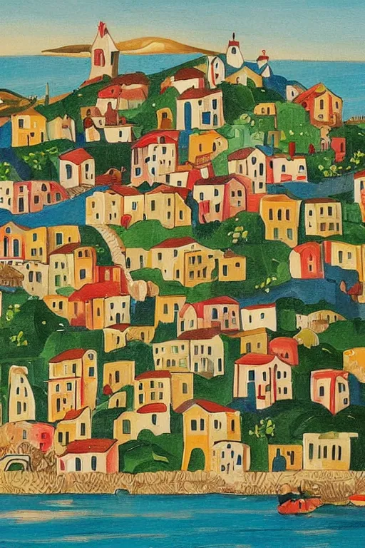 Prompt: a painting of a town on a hill overlooking the ocean, a gouache by alesso baldovinetti, behance contest winner, naive art, storybook illustration, detailed painting, acrylic art