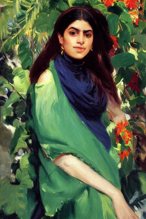 Image similar to portrait of persian girl with arabesque green scarf near bougainvillea and mexican fan palms, painting by john singer sargent