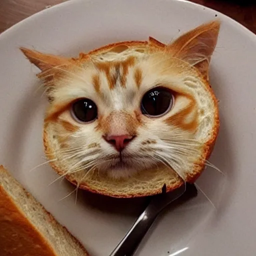 Image similar to a cute cat sticking its face through a slice of bread