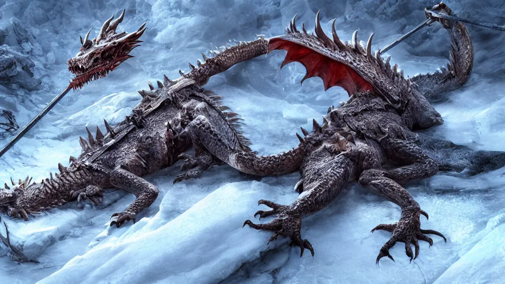 Prompt: A dead dragon was stabbed in the head by a sword and nailed in the ice and snow., high detail, hd, hdr, ue5, ue6, unreal engine 5, cinematic 4k wallpaper, 8k, ultra detailed, high resolution, artstation, award winning