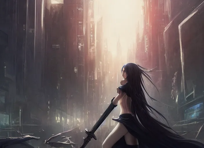 Image similar to girl with long black hair and a long black sword in front of a sci fi cityscape, ryohei fuke, makoto shinkai, detailed, cinematic, ultra - wide angle, dark sepia toned shading, luminescent eyes, detailed face, blue fire, trending on artstation, artgerm, wlop.