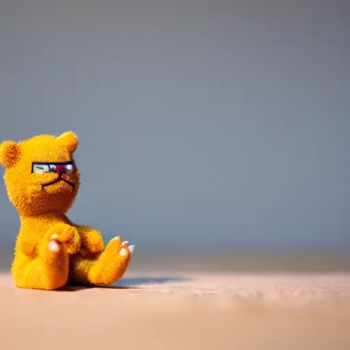 Image similar to beautiful realistic photograph of stuffed animal Garfield tilt shift