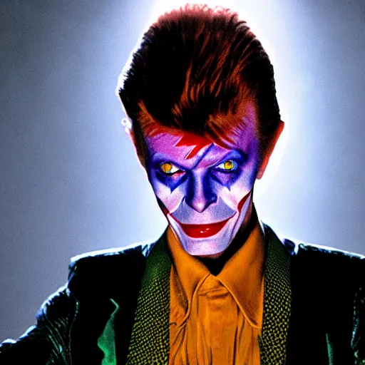 Image similar to awe inspiring David Bowie pkaying The Joker 8k hdr movie still dynamic lighting