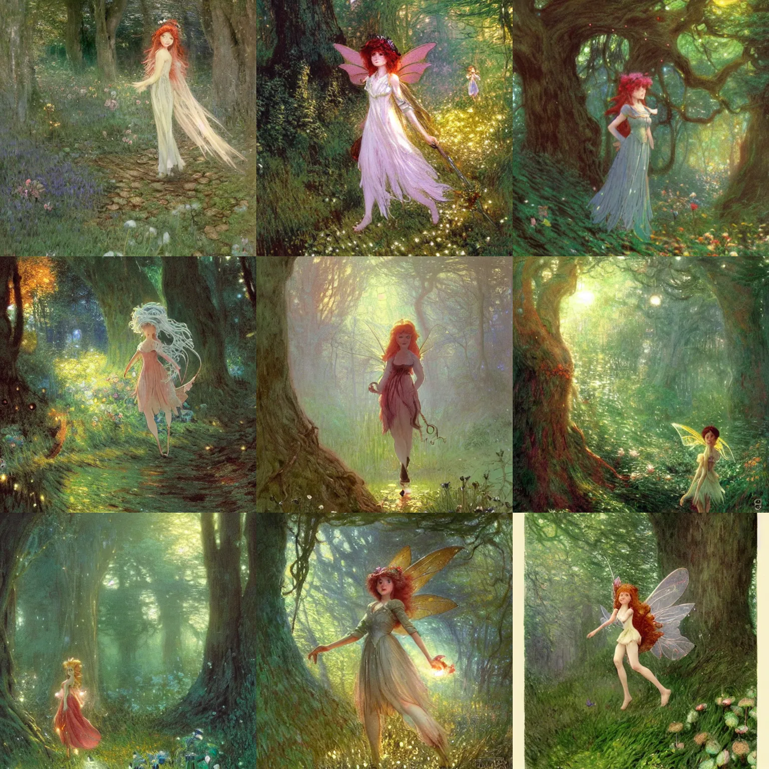 Prompt: a cheerful, mischiefous fairy ( looks similiar hollday granger!!! ) in the forrest. magical, detailed, fairy tale illustration by greg rutkowski, studio ghibli and monet, ( ( inspired by henry meynell rheam's the fairy wood ) ) ( 1 9 0 3 )