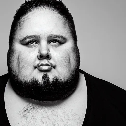 Image similar to an obese man with an extremely fat face and dark neck beard, long ponytail styled hair, confident looking, black and white photo, softbox studio lighting