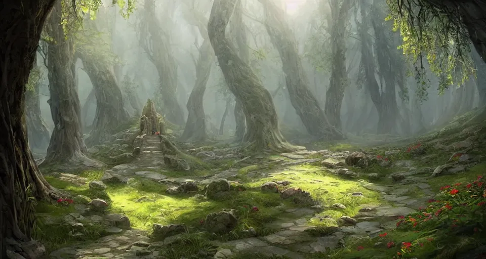 Prompt: Beautiful uplifting glade bg. Elven stone monuments along the pathway. J.R.R. Tolkien's Middle-Earth. Trending on Artstation. Digital illustration. Artwork by Darek Zabrocki and Sylvain Sarrailh. Concept art, Concept Design, Illustration, Marketing Illustration, 3ds Max, Blender, Keyshot, Unreal Engine, ZBrush, 3DCoat, World Machine, SpeedTree, 3D Modelling, Digital Painting, Matte Painting, Character Design, Environment Design, Game Design, After Effects, Maya, Photoshop.