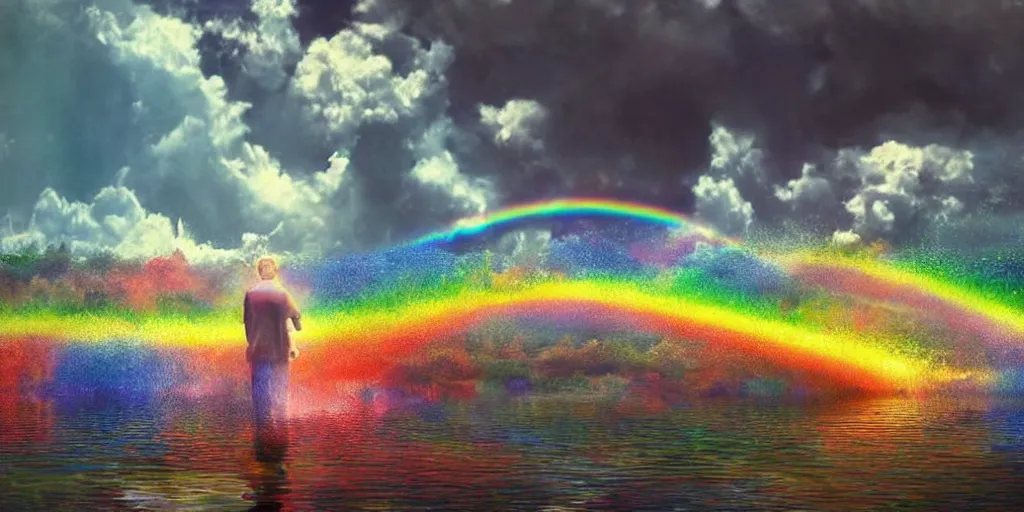 Image similar to i have set my rainbow in the clouds, and it will be the sign of the covenant between me and the earth. i will remember my covenant between me and you and all living creatures of every kind. never again will the waters become a flood to destroy all life. also, skittles. 7 0 mm. digital art 3 d render. dramatic lighting. silent running.