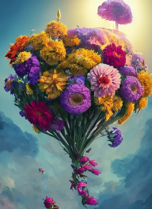 Image similar to An epic fantastic realism comic book style painting of the most beautiful flowers launched into space, bouquets, fisheye lens, unreal 5, DAZ, hyperrealistic, octane render, dynamic lighting