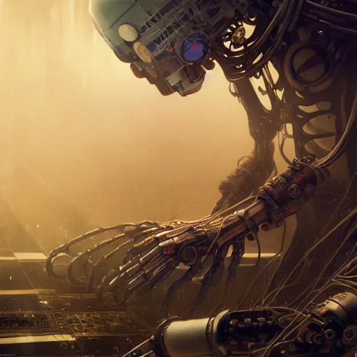 Prompt: robot making modular synth music, art by wagner kuroiwa tristan eaton, stanley artgermm, tom bagshaw, greg rutkowski, carne griffiths, ayami kojima, beksinski, giger, trending on deviantart, photorealistic, vray, hdr, hyper detailed, dramatic lighting, octane render, weta digital, 3 d sculpture