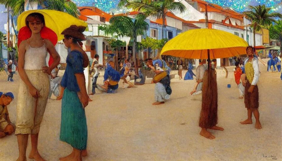 Prompt: a 1 9 9 8 brazilian nordeste town designed by jules bastien - lepage, tarsila do amaral, frank weston and gustave baumann, trending on artstation, mediterranean, funny faces, sharp focus, colorful refracted sparkles and lines, soft light, 8 k 4 k