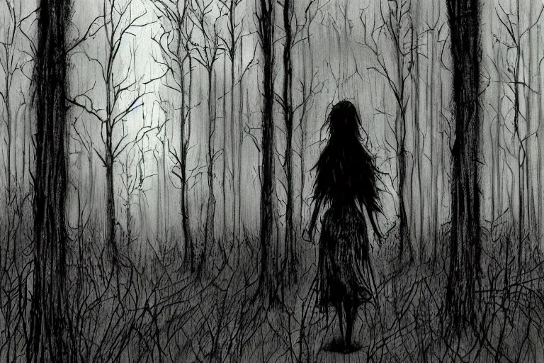 Image similar to mad girl wandering the woods artwork by ben templesmith