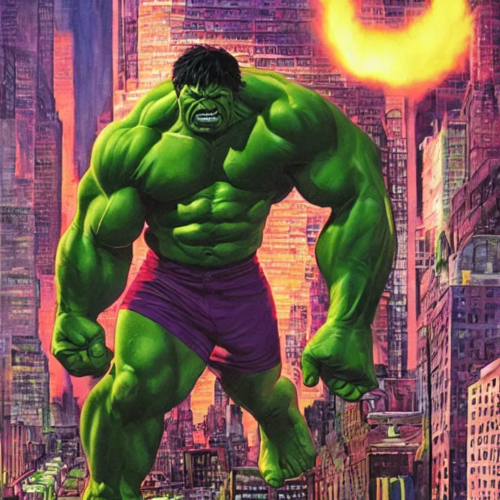 Prompt: a portrait of the incredible hulk looking angry in new york city by joe jusko, simone bianchi and alex ross dramatic lighting.