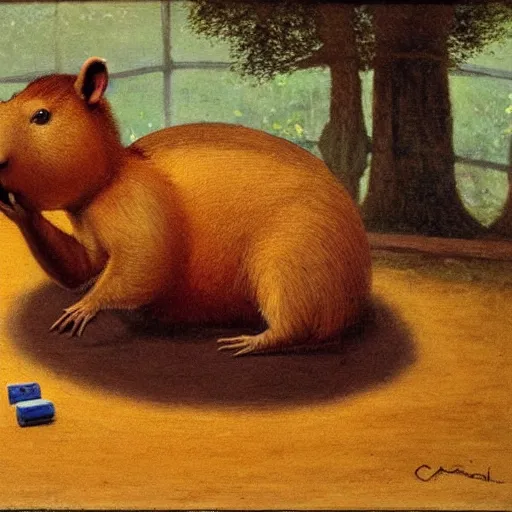 Image similar to a capybara playing video games, oil painting, by randolph caldecott