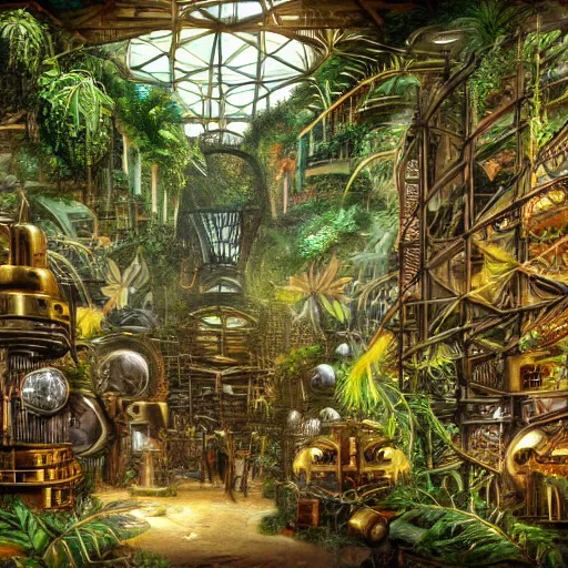 Image similar to inside an enormous steampunk machine room with lush vegetation growing around the machines, tropical trees, large green leaves, extremely detailed painting, 4k, vivid colors