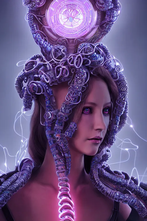 Prompt: A perfectly-centered ultradetailed realistic RPG cosplay airbrushed digital art portrait-illustration of a beautiful symmetrical lovecraftian Medusa wearing a cyberpunk suit and reflective neon-noir armor with modesty, standing next to bioluminiscent otherworldly sci-fi towers, epic poster art, 3D rim light, octane render, artstationHQ.