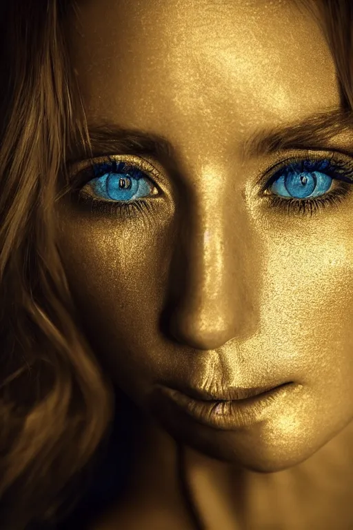 Image similar to a beautiful girl with beautiful cold blue eyes, standing in a dark room under the bright lighting of cold lamps, in bright yellow silk clothes golden ratio, by lee jeffries, medium close - up, perfect composition, dramatic, medium close - up ( mcu ), cannon ef 6 5 mm f / 2. 8
