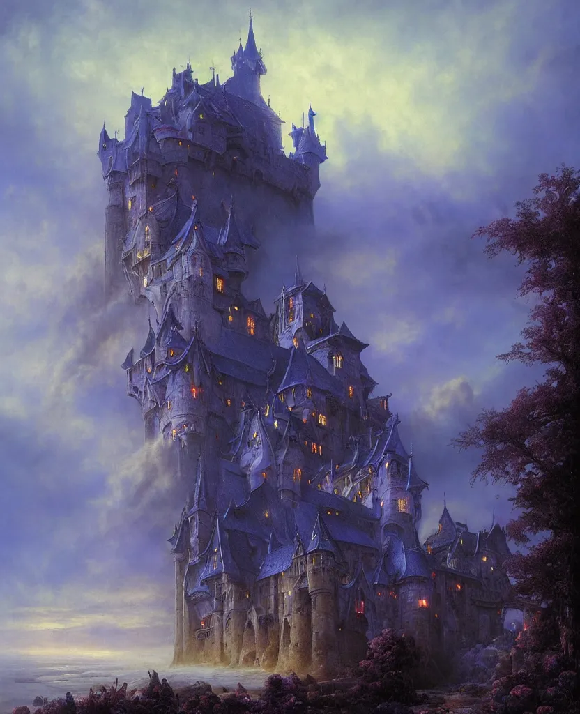 Image similar to beautiful matte airbrush painting of a european medieval castle made of light, ispired b yoshitaka amano and gilbert williams, clear painting and good lighting, dark blue and intense purple color palette, mystical fog, art by gilbert williams, andreas achenbach, clement ascher, tom bagshaw and sabbas apterus, high quality