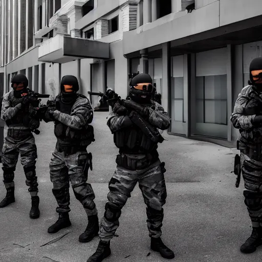 Prompt: Special Forces in grey uniform with black body armor assaulting a building in 2022, photo by Adam Ferguson, Pulitzer Winning, dynamic composition, breathtaking, modern, 2022