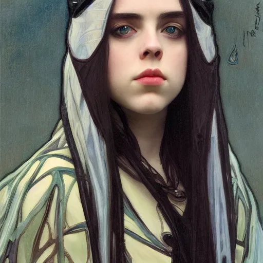 Image similar to Billie Eilish as female loki, oil on canvas, noir, trending on artstation, by Alphonse Mucha and Edmund Blair Leighton and Charlie