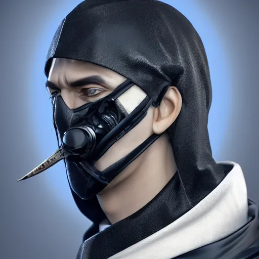 Prompt: a highly detailed, portrait of a man with black hair with a black medical mask, in a hood in the form of a blue shark with white teeth, artstation, DeviantArt, epic, professional, octane render, digital art