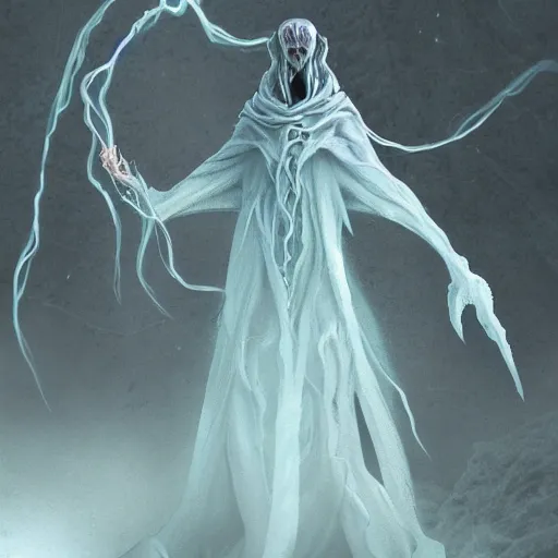 Image similar to concept designs for an ethereal ghostly wraith like figure with a squid like parasite latched onto its head and long tentacle arms that flow lazily but gracefully at its sides like a cloak while it floats around a frozen rocky tundra in the snow searching for lost souls and that hides amongst the shadows in the trees, this character has hydrokinesis and electrokinesis for the resident evil village video game franchise with inspiration from the franchise Bloodborne as a muppet from sesame street, photo realistic, photography, sesame street, bloodborne, resident evil
