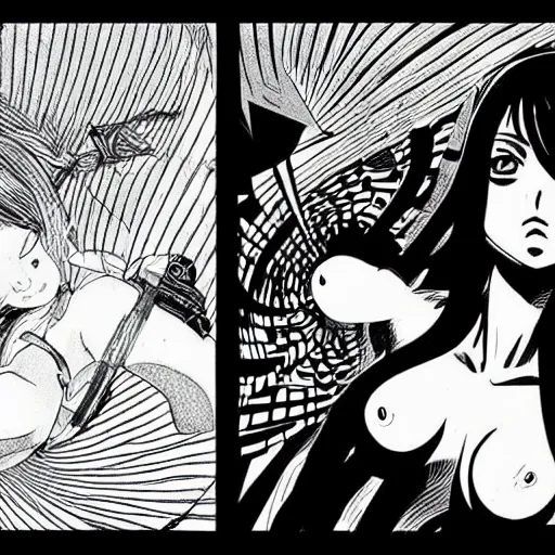 Prompt: Manga Panels, Mila Kunis summons a black spiral void from the sky by Junji Ito, Kim Jung Gi