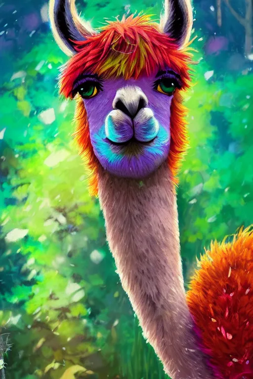 Image similar to portrait of a Llama, colorful fantasy forest background, rich vivid colors, ambient lighting, dynamic lighting, 4k, HQ, official media, anime key visual, makoto shinkai, ilya kuvshinov, lois van baarle, rossdraws, detailed, trending on artstation, daily deviation, masterpiece anthro portrait