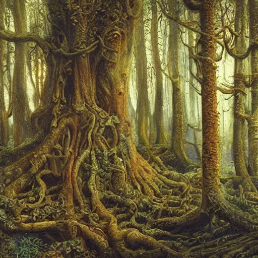 Image similar to a beautiful and highly detailed oil painting of an ancient forest, intricate details, epic scale, insanely complex, 8 k, sharp focus, hyperrealism, fantasy landscape, psychedelic, by caspar friedrich and brian froud,