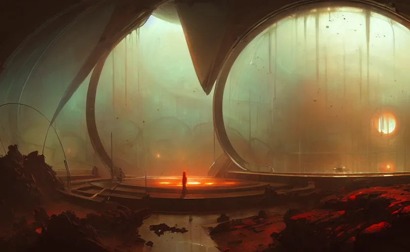 Image similar to abandoned mars biodome, horror sccene, by Greg Rutkowski and Gaston Bussiere, dim lighting, beautiful volumetric-lighting-style atmosphere, futuristic atmosphere, intricate, detailed, photorealistic imagery, artstation