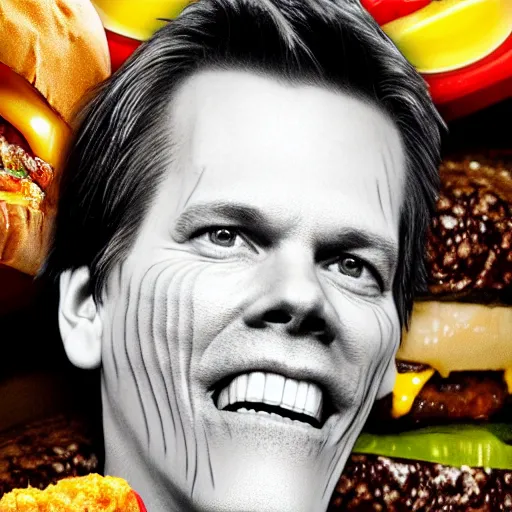 Image similar to kevin bacon face wrapped inside a cheeseburger