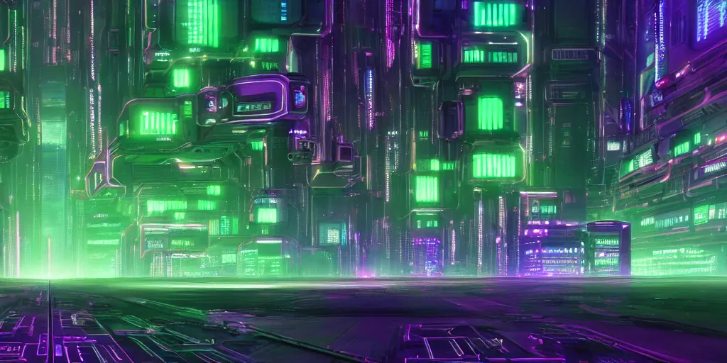 Prompt: a landscape view of a cybernetic cathedral overlooking an higway made of rows of glowing green codes and symbols, cyberpunk, beautiful detailed, cinematic, strong lighting, hi - fructose art magazine, photorealistic, 8 k, gradient cyan to purple