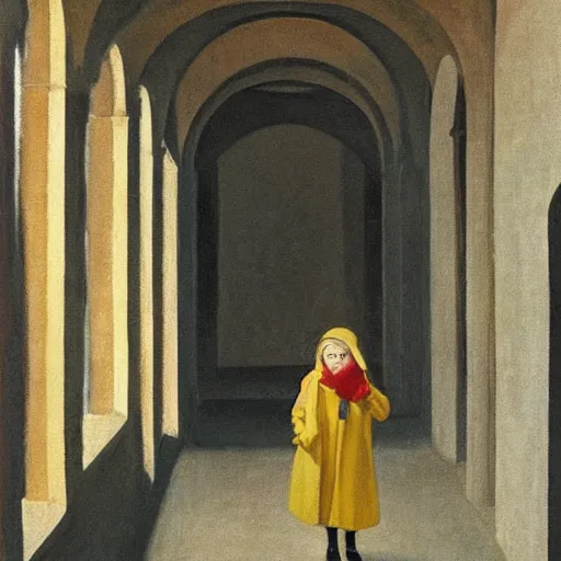 Image similar to in the distance, a little girl with short black hair and wearing a yellow coat alone in the inner courtyard of a cloister in an abbey, the light is bright and wintry, painting by hopper and de chirico