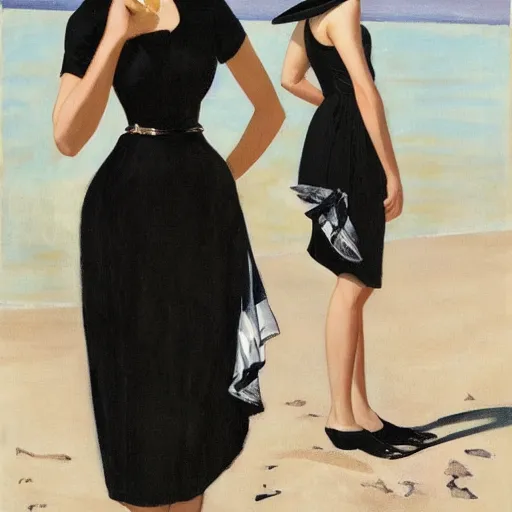 Image similar to woman in black dress, in the middle of the beach, pretty face, black shoes, leyendecker style