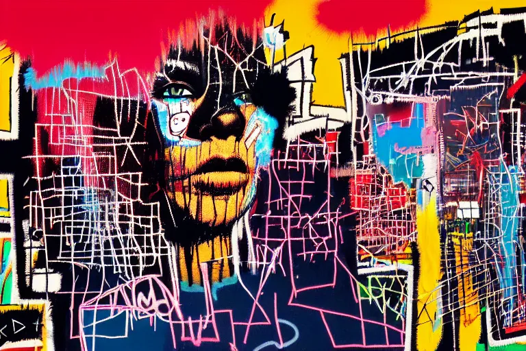 Image similar to punk rock cover, multilayer glitch effect in spatial perceptron synapses, matte painting, 4 k, epic composition, volumetric light, abstract illusionism, by jean - michel basquiat