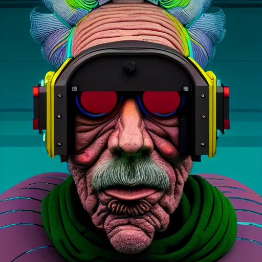 Image similar to Colour Photography of 1000 years old man with highly detailed 1000 years old face wearing higly detailed cyberpunk VR Headset designed by Josan Gonzalez . in style of Josan Gonzalez and Johannes Vermeer and Mike Winkelmann and Caspar David Friedrich. Rendered in Blender