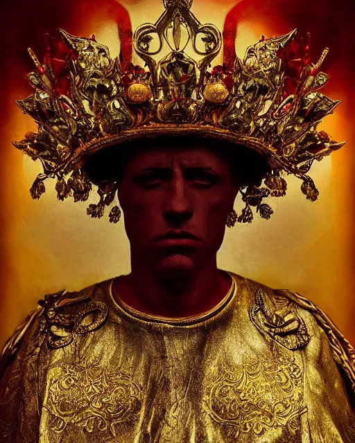 Image similar to 'Portrait of Crowned King Arthur' by Lee Jeffries royally decorated, whirling plasma, atmospheric motes, red and gold Sumptuous garb, gilt silk fabric, radiant colors, fantasy, perfect lighting, studio lit, micro details,