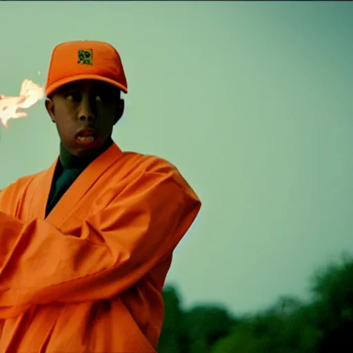 Image similar to cinematic film still of rapper Tyler The Creator starring as a Japanese Sensei with fire, Japanese CGI, VFX, 2003, 40mm lens, shallow depth of field, film photography