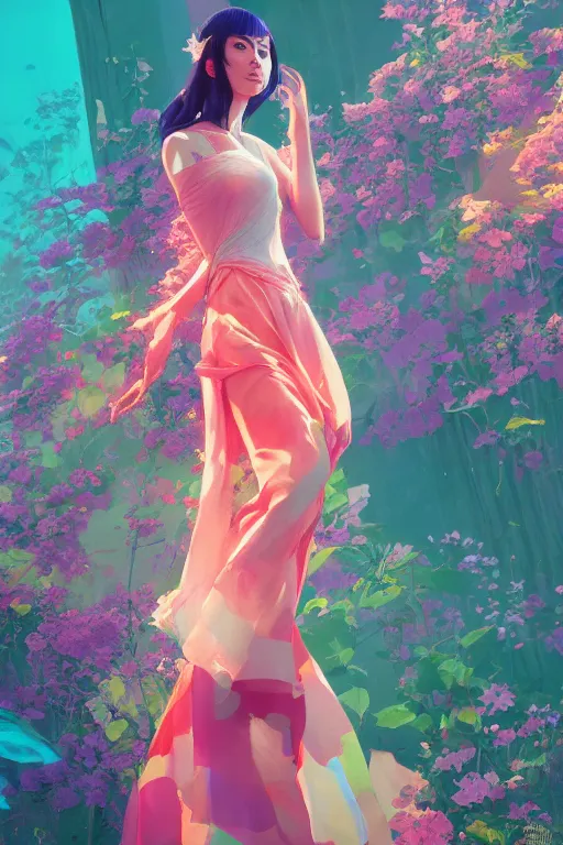 Image similar to elegant, beautiful woman in colourful clothing, ultrafine illustrated, ultradetailed flowery environment, by conrat roset, makoto shinkai, craig mullins, alphonse murac, detailed artwork, extremely detailed and high quality, global illumination, octane render, digital art trending on artstation