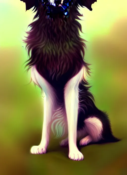 Image similar to wide angle beautiful full body portrait of a cute male bipedal anthro border collie fursona posing in front of a park, character design by charlie bowater, henry asencio, and ross tran, furry art, furaffinity, beautiful, glamor pose, detailed, aesthetic, trending on artstation