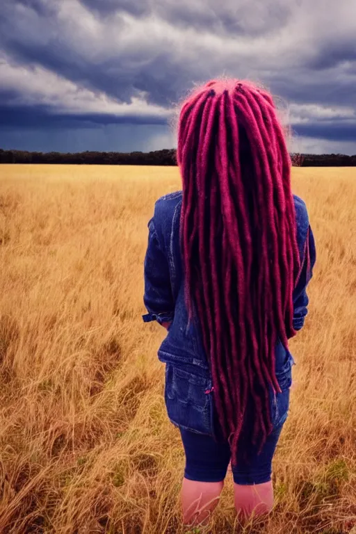 Prompt: kodak ultramax 4 0 0 photograph of a girl with long pink dreads standing in a field, stormy clouds, wicked clouds, big clouds, back view, grain, faded effect, vintage aesthetic,