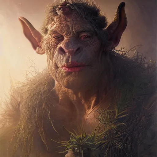 Image similar to a hyperrealistic illustration of a mix of an oger and giant and goblin, 8 k ultra realistic creature, detailed intricate, with fractal sunlight, award - winning, masterpiece, in the style of tom bagshaw, cedric peyravernay, peter mohrbacher