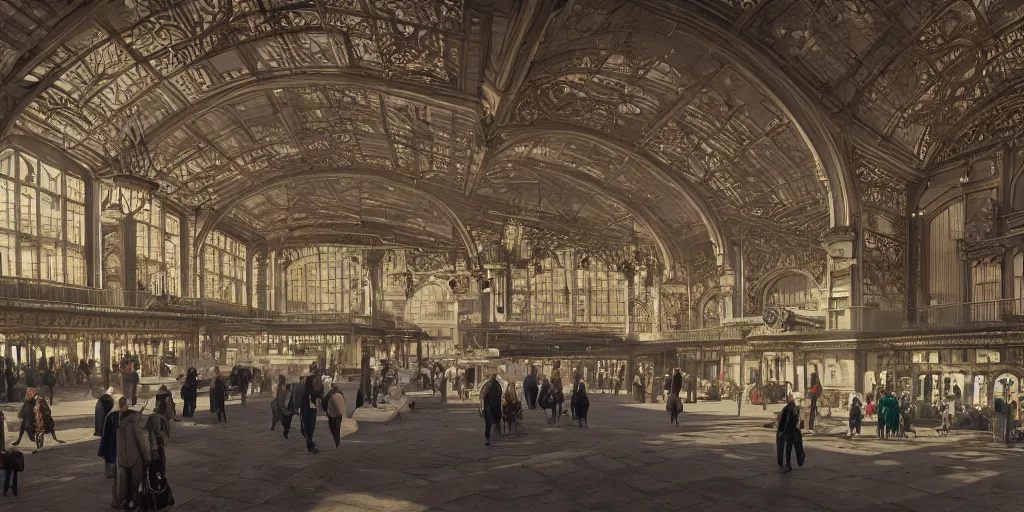 Image similar to cinematic movie scene, 200mm wide shot, precise architectural rendering, interior of victorian era railway station with ornate architecture, bustling with people and, victorian architecture, emerald, crystalline, detailed illustration, sharp focus, concept art, unreal engine, octane render, god rays, aesthetic