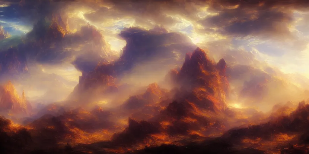 Image similar to an unseen landscape, untouchable, vivd color, detailed, cinematic landscape, atmospheric lightintg, colorfull sky, dynamic angle, good composition, fantasy world, upon the clouds, trending on artstation art by thomas moran