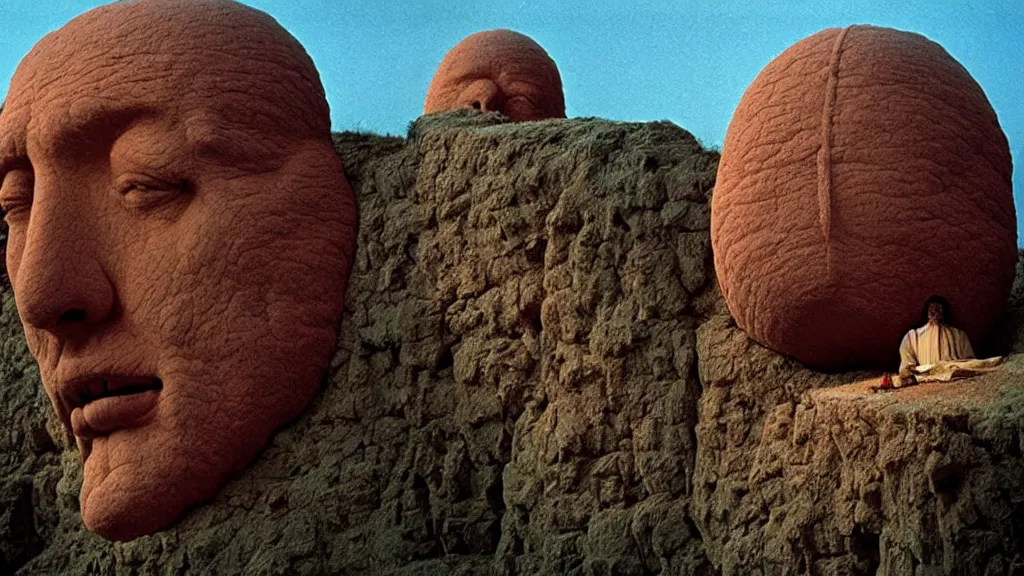 Prompt: the giant human head made of wax above the house, film still from the movie directed by Wes Anderson with art direction by Zdzisław Beksiński, wide lens